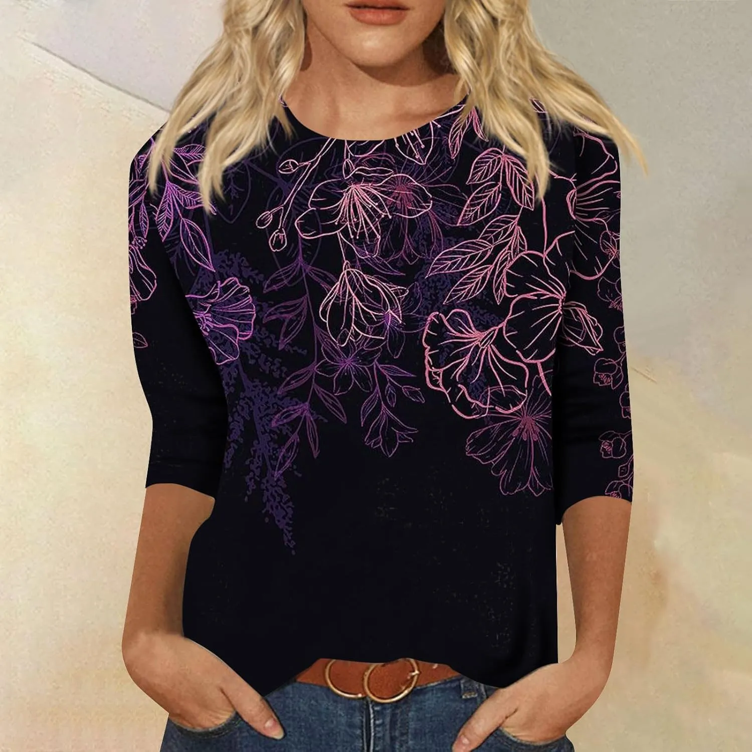 Women's Casual 3/4 Sleeve T-Shirts Round Neck Cute Tunic Tops Soft Y2k Streetwear Lightweight Painting Graphic Tees