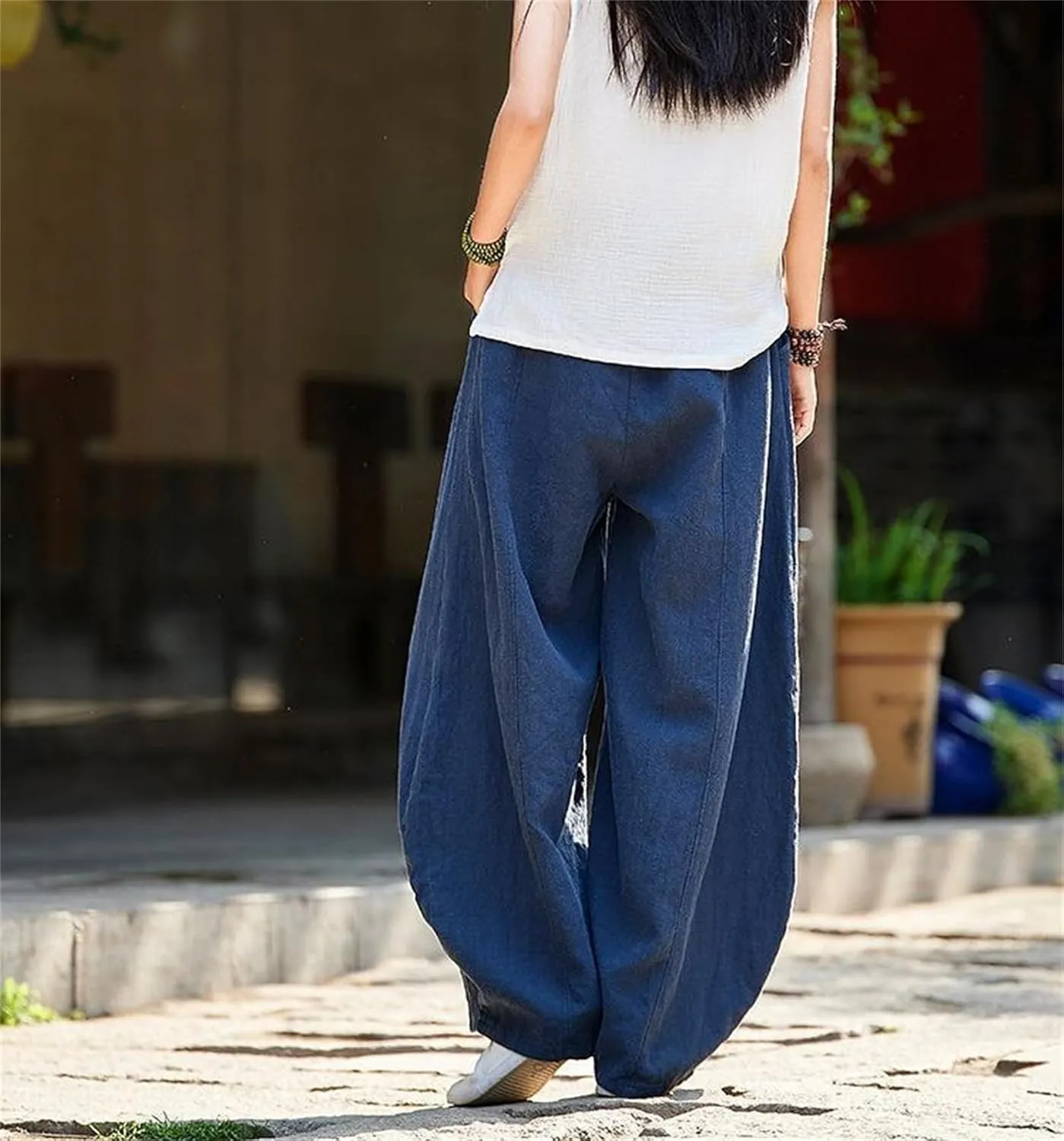 Women's Casual Cotton Linen Baggy Pants Elastic Waist Loose Fit Lantern Trouser Summer Wide Leg Casual Bloomers Pants