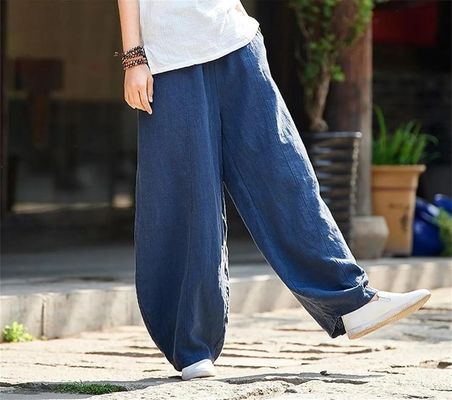 Women's Casual Cotton Linen Baggy Pants Elastic Waist Loose Fit Lantern Trouser Summer Wide Leg Casual Bloomers Pants