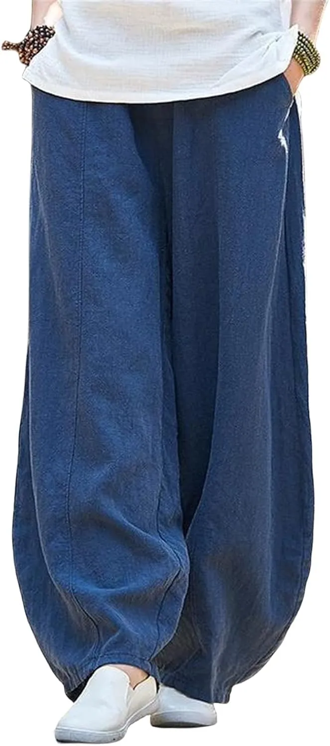 Women's Casual Cotton Linen Baggy Pants Elastic Waist Loose Fit Lantern Trouser Summer Wide Leg Casual Bloomers Pants