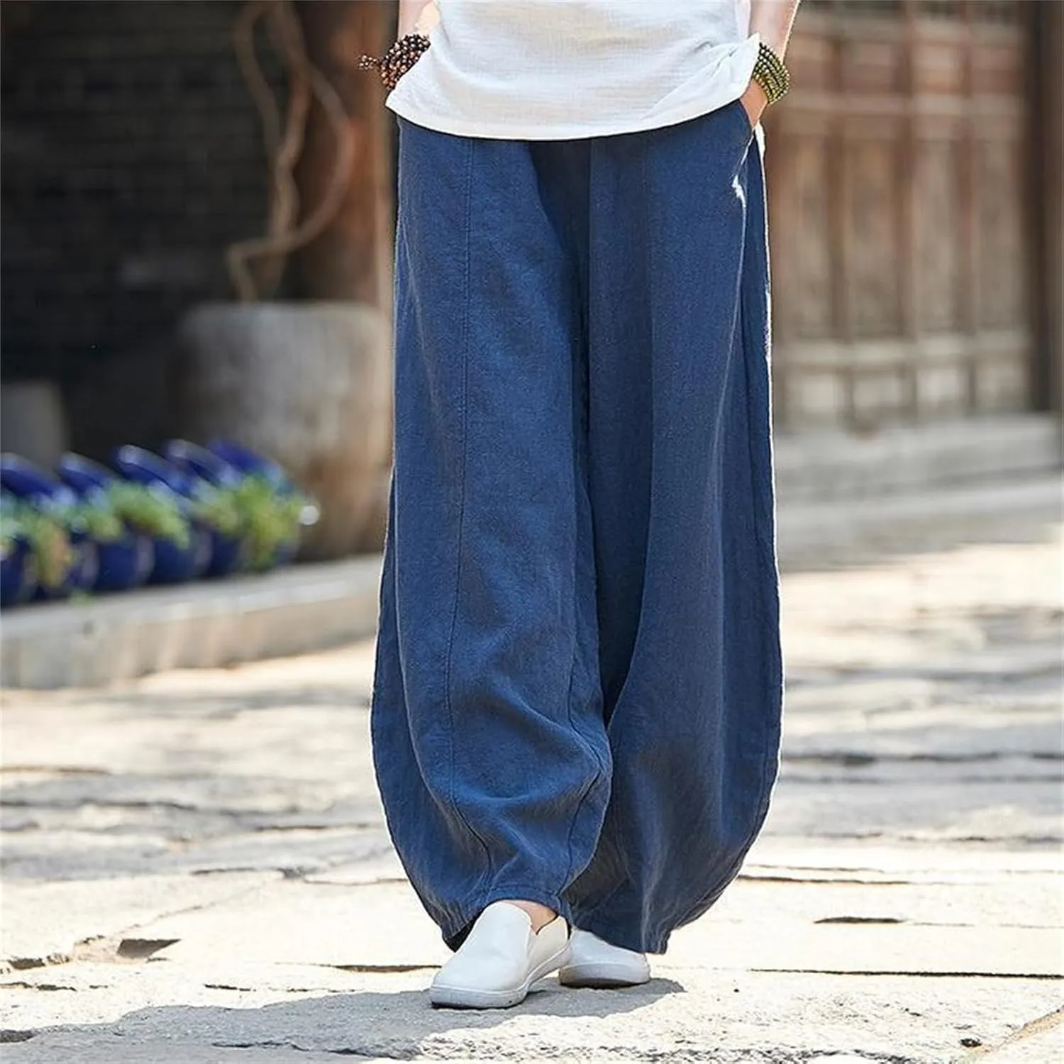 Women's Casual Cotton Linen Baggy Pants Elastic Waist Loose Fit Lantern Trouser Summer Wide Leg Casual Bloomers Pants