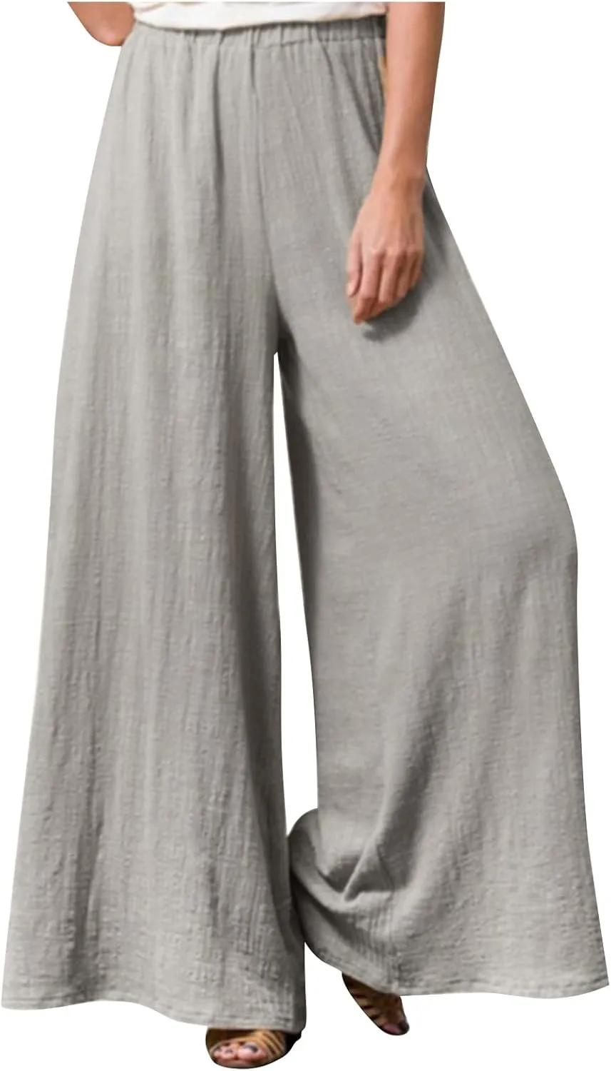 Women's Casual Cotton Linen Wide Leg Baggy Pants with Elastic Waist Relax Fit Lantern Trouser Casual Loose Trousers