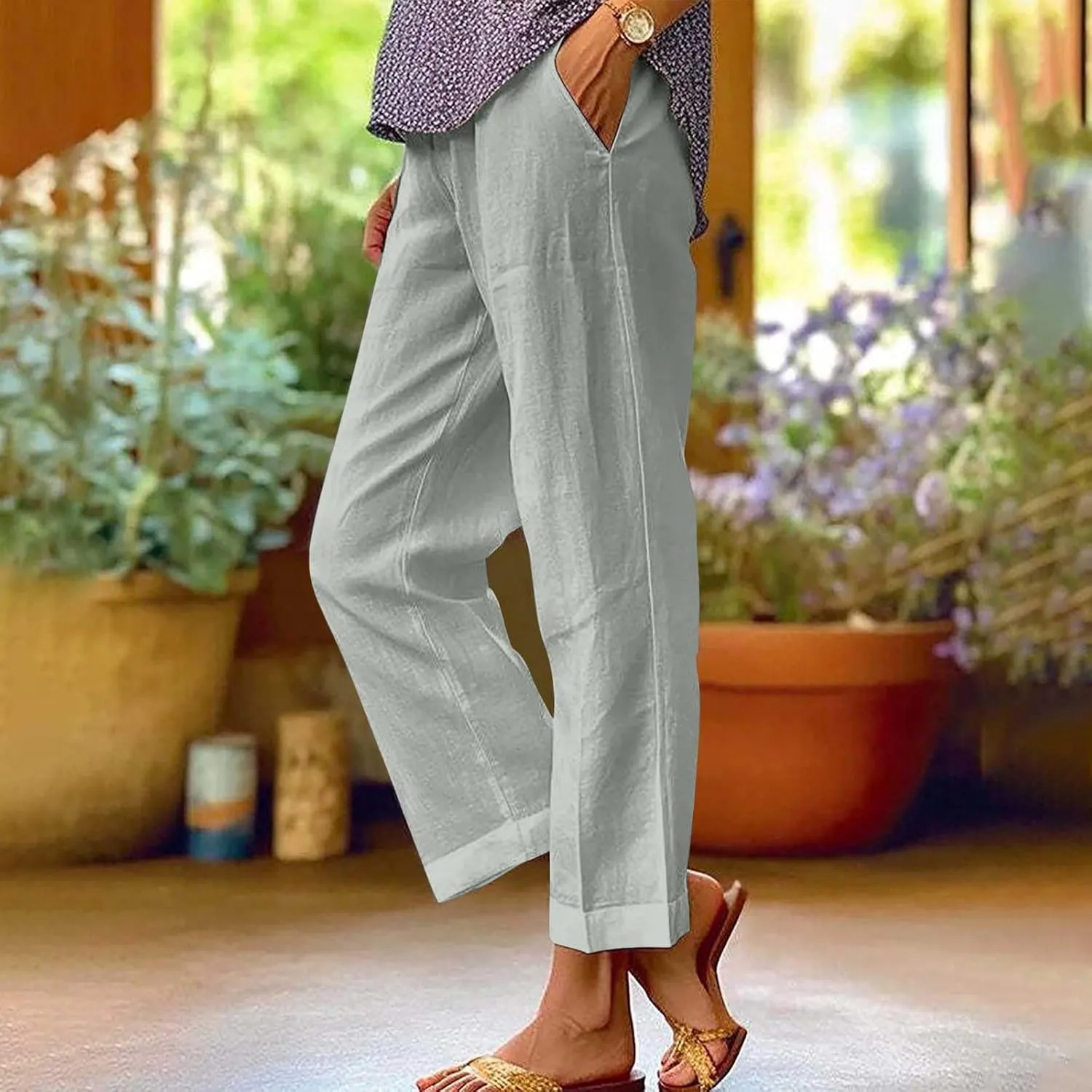Women's Casual Linen Pants Baggy Elastic-Waisted Straight Leg Cropped Pants Cotton Lounge Trousers Loose Capri Pants