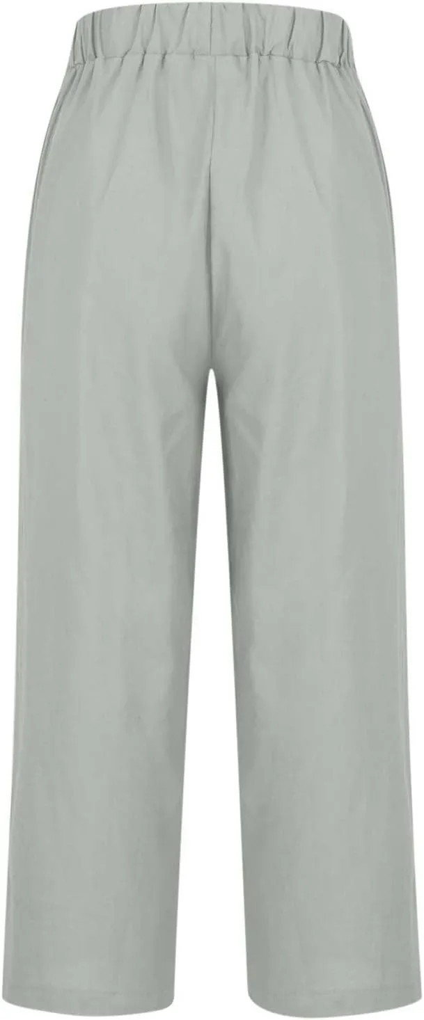 Women's Casual Linen Pants Baggy Elastic-Waisted Straight Leg Cropped Pants Cotton Lounge Trousers Loose Capri Pants