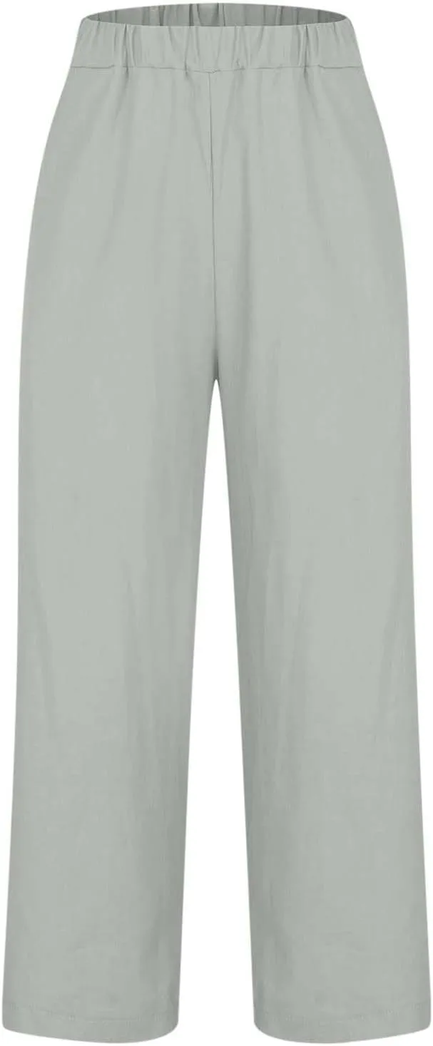 Women's Casual Linen Pants Baggy Elastic-Waisted Straight Leg Cropped Pants Cotton Lounge Trousers Loose Capri Pants
