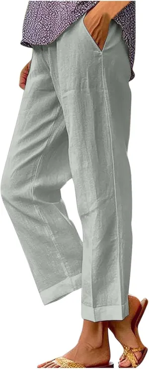 Women's Casual Linen Pants Baggy Elastic-Waisted Straight Leg Cropped Pants Cotton Lounge Trousers Loose Capri Pants