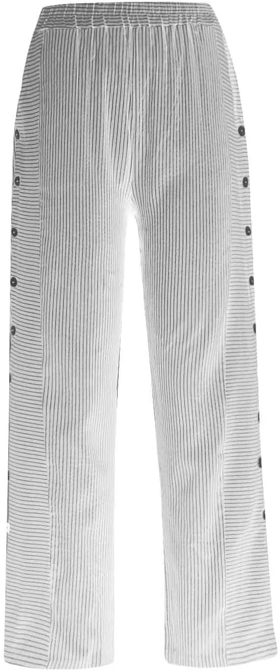Women's Casual Pants Striped Side Button Elastic Waist Trendy Pants Straight Leg Baggy Trousers with Pocket