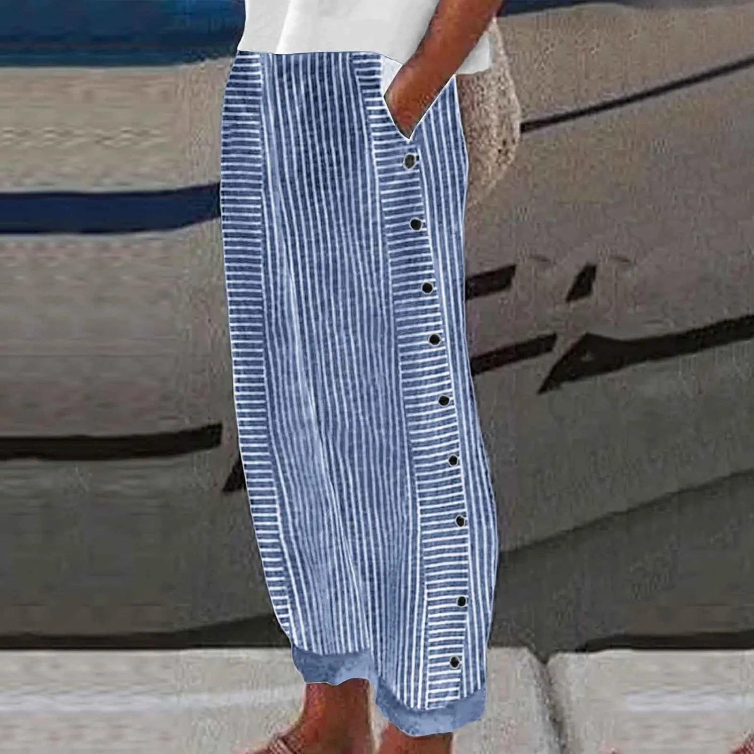 Women's Casual Pants Striped Side Button Elastic Waist Trendy Pants Straight Leg Baggy Trousers with Pockets