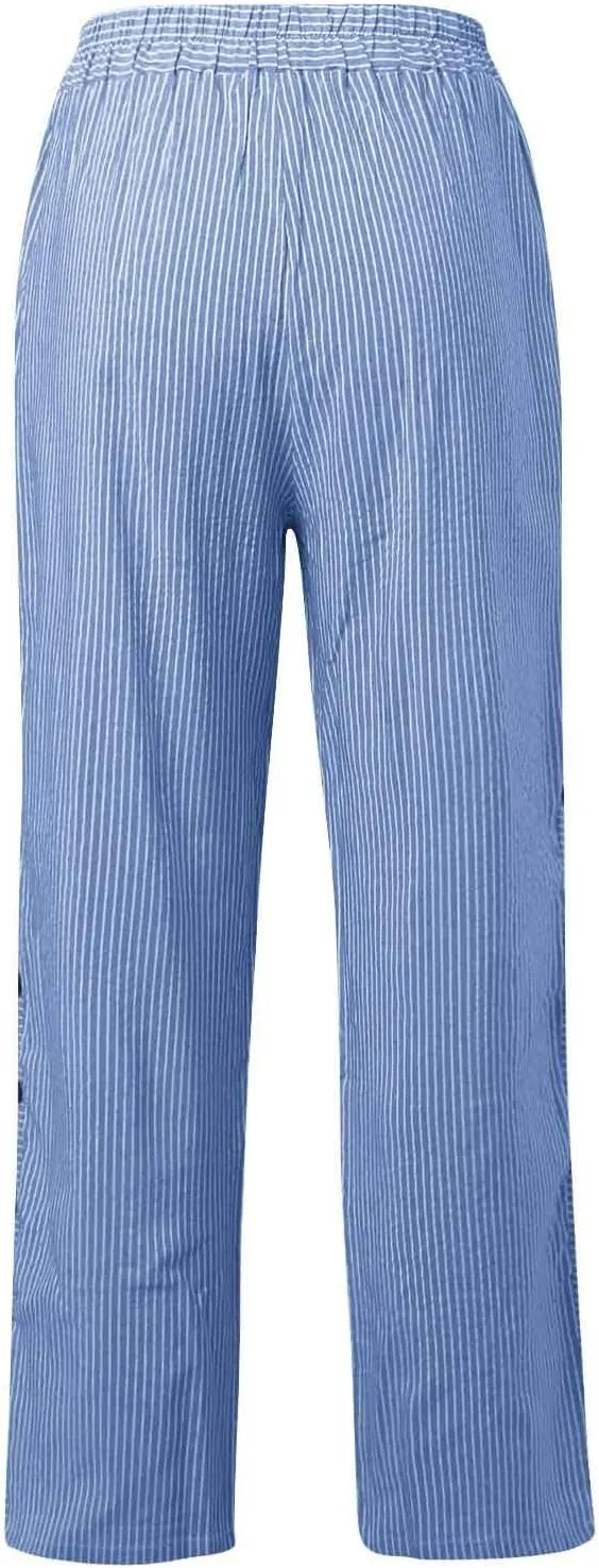 Women's Casual Pants Striped Side Button Elastic Waist Trendy Pants Straight Leg Baggy Trousers with Pockets