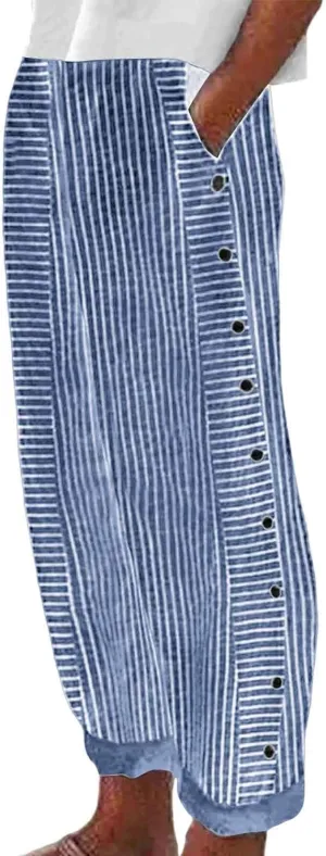 Women's Casual Pants Striped Side Button Elastic Waist Trendy Pants Straight Leg Baggy Trousers with Pockets