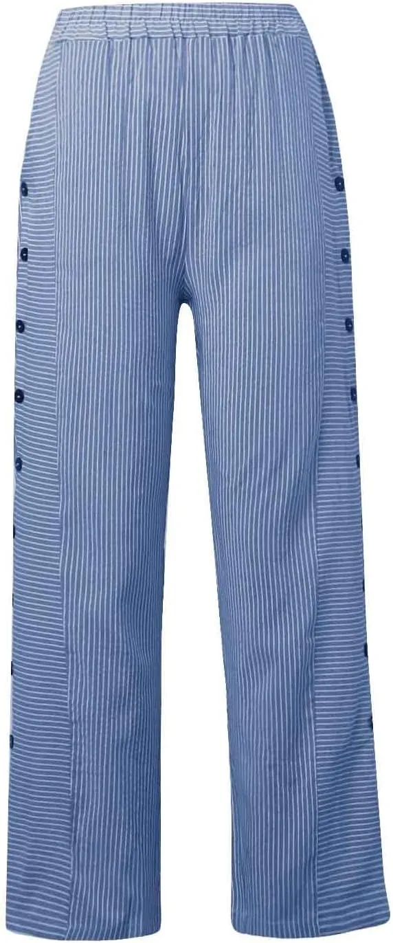 Women's Casual Pants Striped Side Button Elastic Waist Trendy Pants Straight Leg Baggy Trousers with Pockets