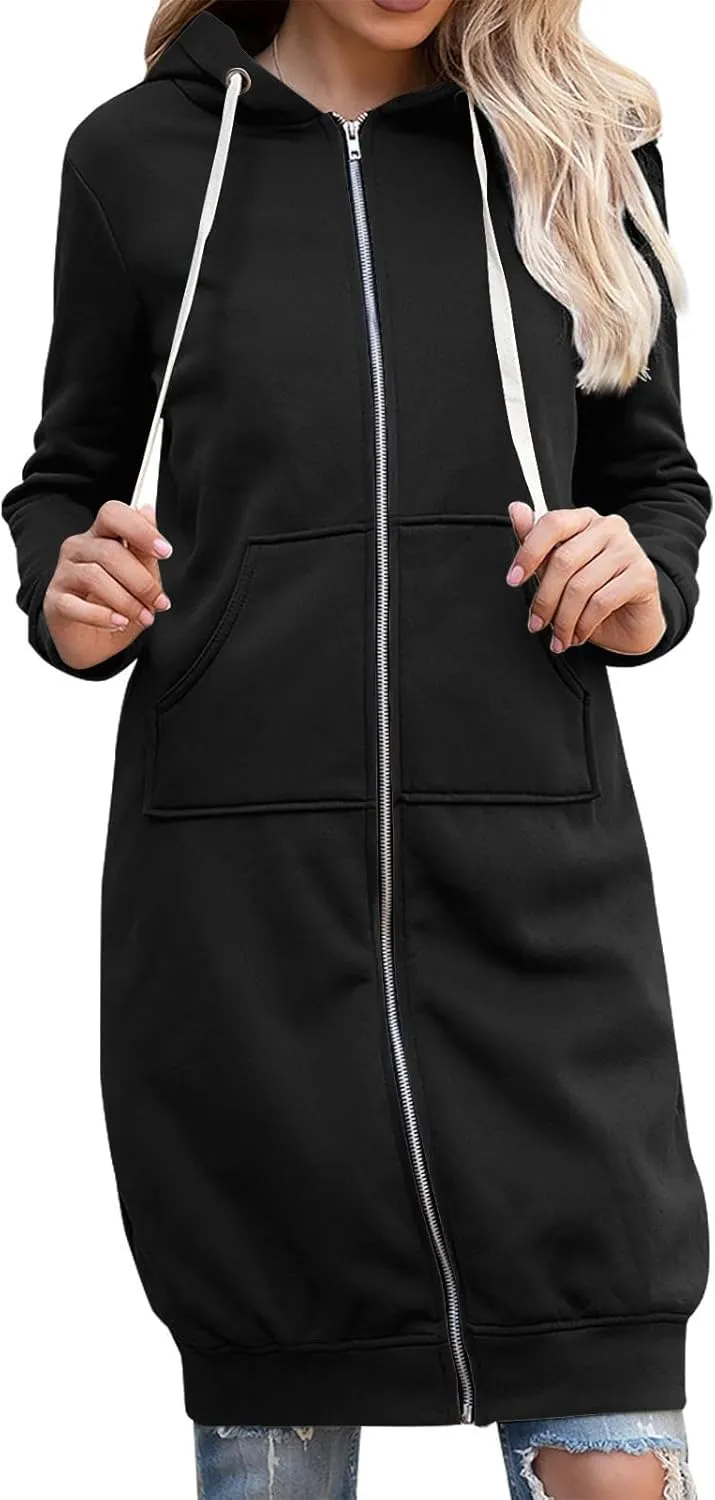 Women's Casual Pockets Zip up Hoodies Longwear Tunic Sweatshirt Oversized Long Hoodie Jacket with Pockets