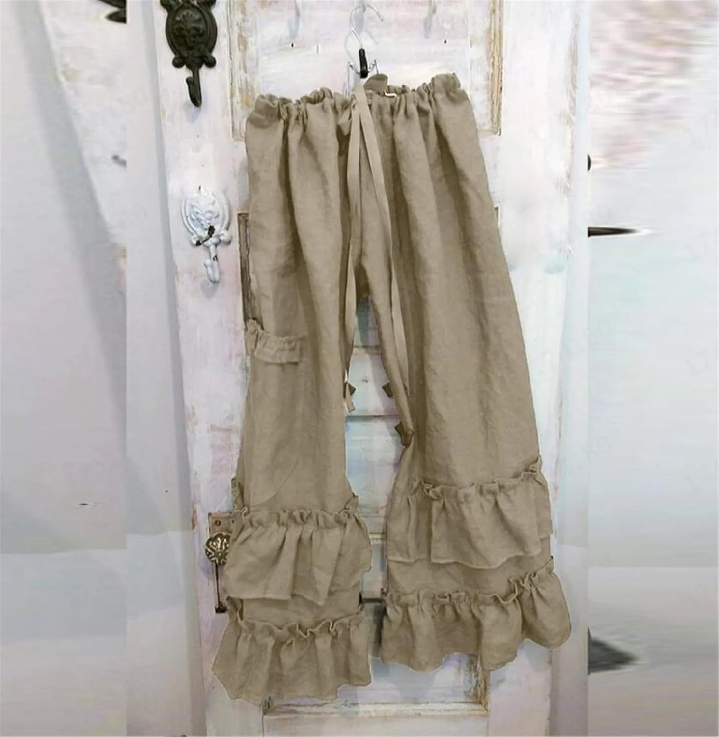 Womens Casual Ruffled Loose Pocket Pants Plus Size Cotton Linen Folds Pants Wide Leg Solid Color Hem Elastic Waisted Trousers