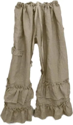 Womens Casual Ruffled Loose Pocket Pants Plus Size Cotton Linen Folds Pants Wide Leg Solid Color Hem Elastic Waisted Trousers