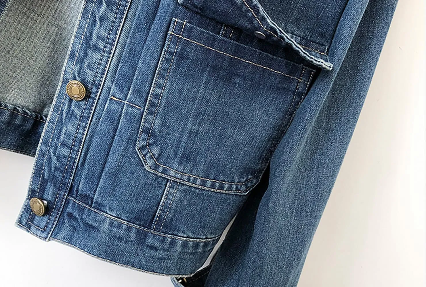 Womens Collarless Long Sleeve Denim Jacket Round Neck Button Down Jean Jackets