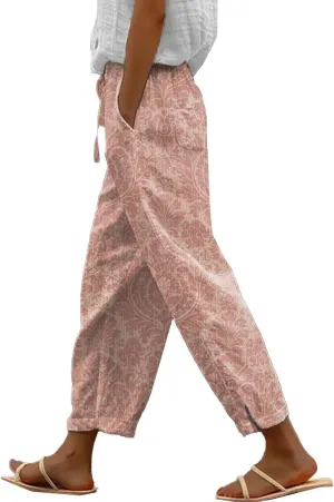 Womens Cotton Linen Capri Pants Elastic Waist Drawstring Casual Summer Boho Floral Beach Yoga Cropped Trousers