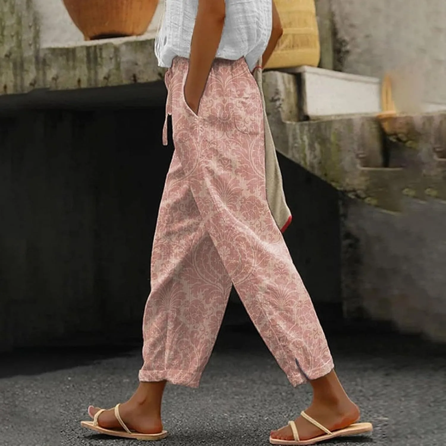 Womens Cotton Linen Capri Pants Elastic Waist Drawstring Casual Summer Boho Floral Beach Yoga Cropped Trousers
