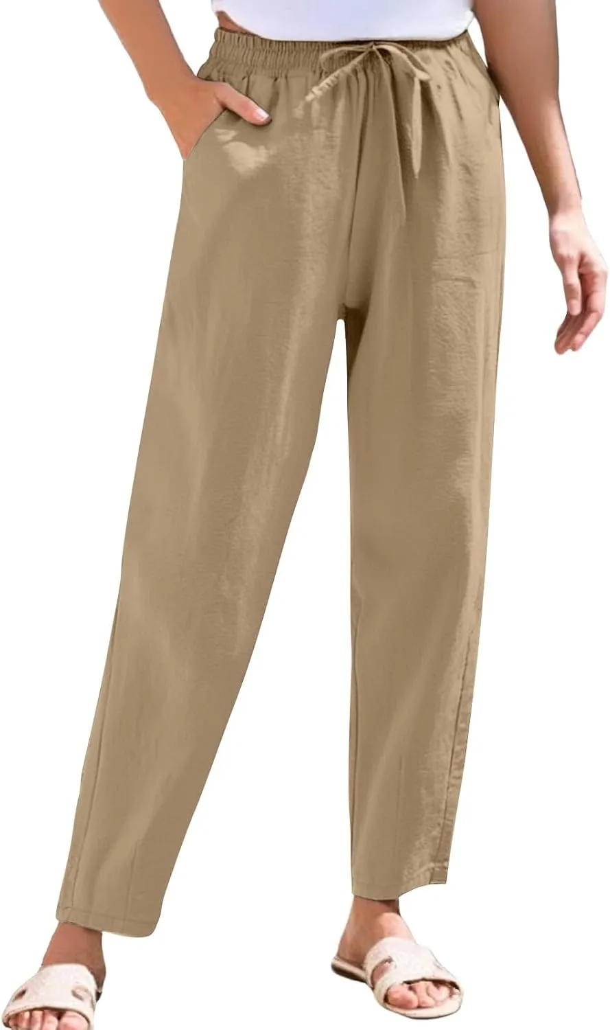 Women's Cotton Linen Capri Pants Solid Loose Fit Baggy High Waisted Casual Summer Vacation Trousers with Pockets