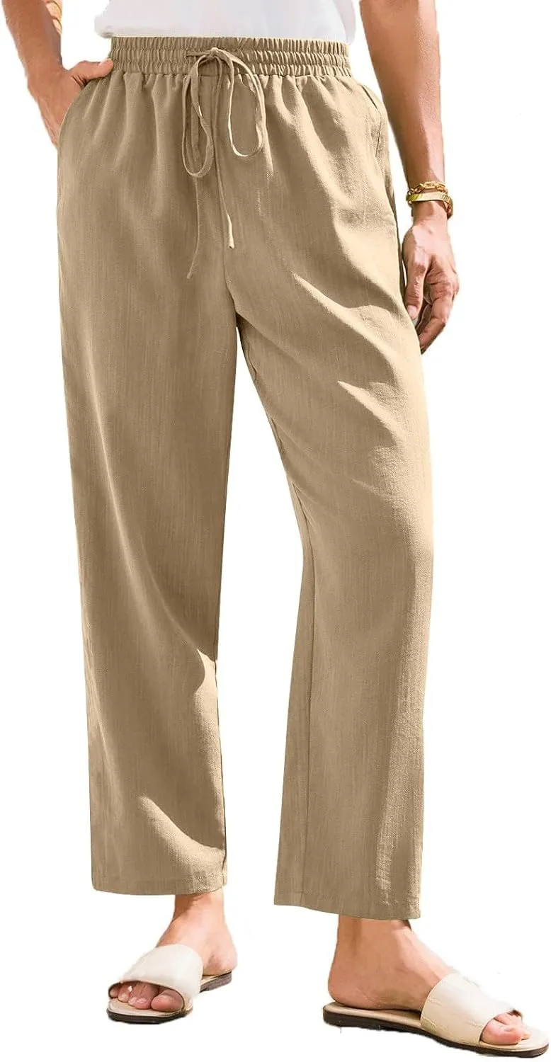 Women's Cotton Linen Capri Pants Solid Loose Fit Baggy High Waisted Casual Summer Vacation Trousers with Pockets
