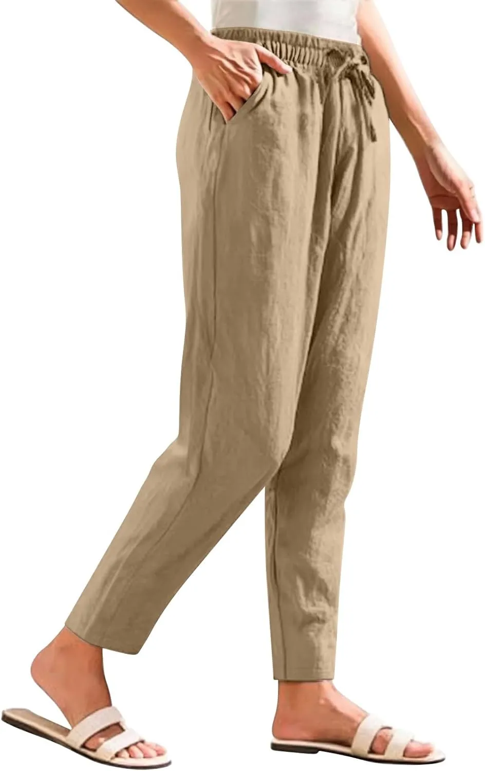 Women's Cotton Linen Capri Pants Solid Loose Fit Baggy High Waisted Casual Summer Vacation Trousers with Pockets