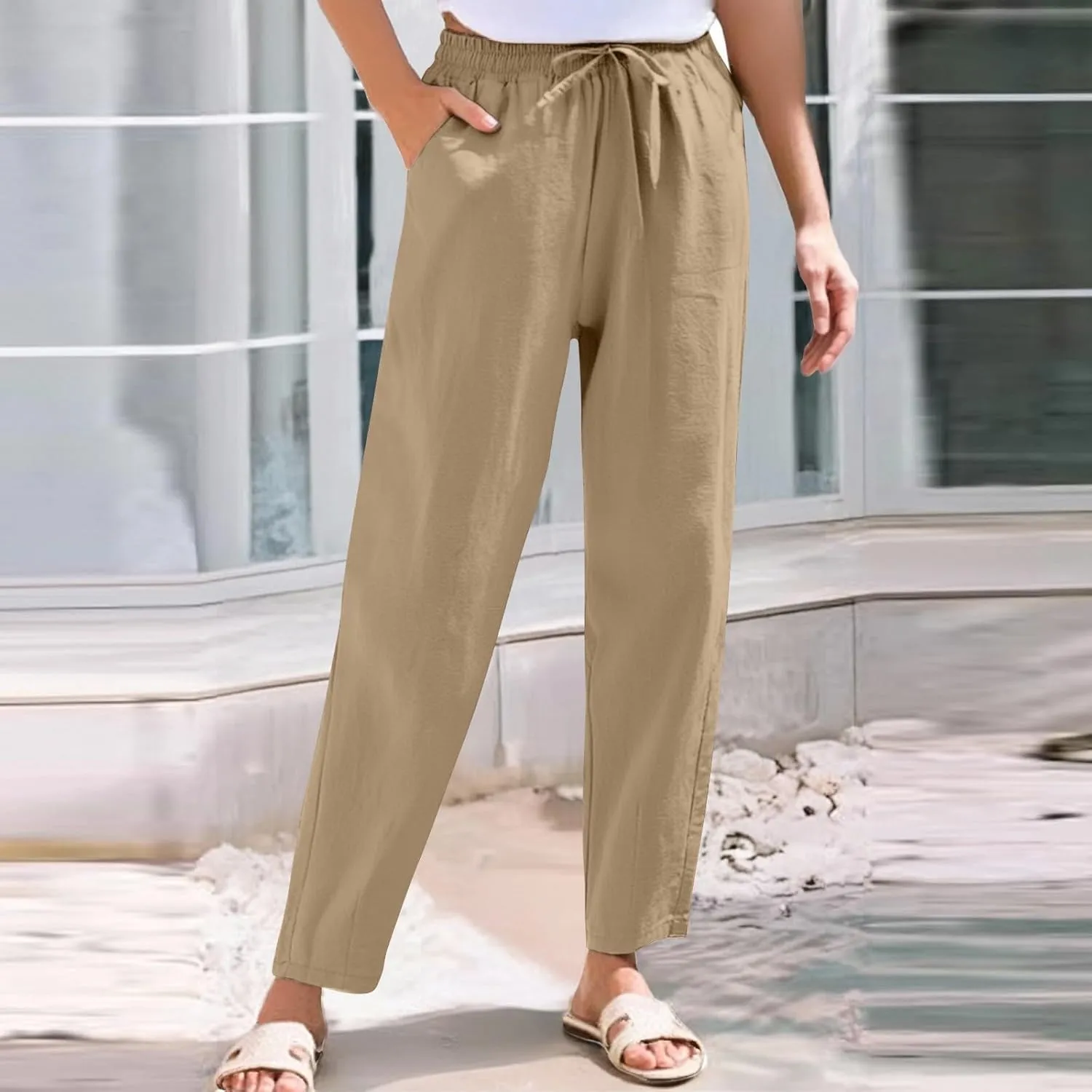 Women's Cotton Linen Capri Pants Solid Loose Fit Baggy High Waisted Casual Summer Vacation Trousers with Pockets