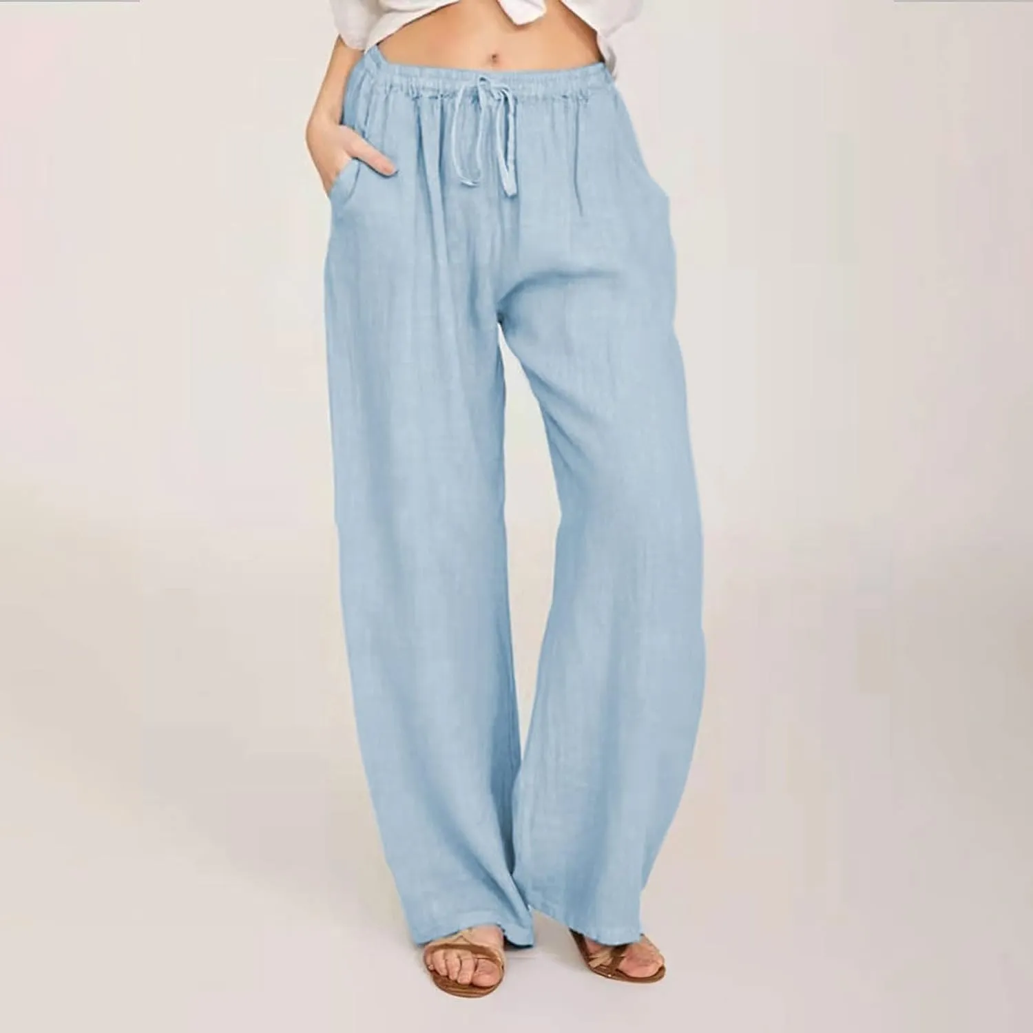 Women's Cotton Linen Palazzo Pants Drawstring Wide Leg Trousers High Waist Lightweight Pant Beach Vacation Clothes