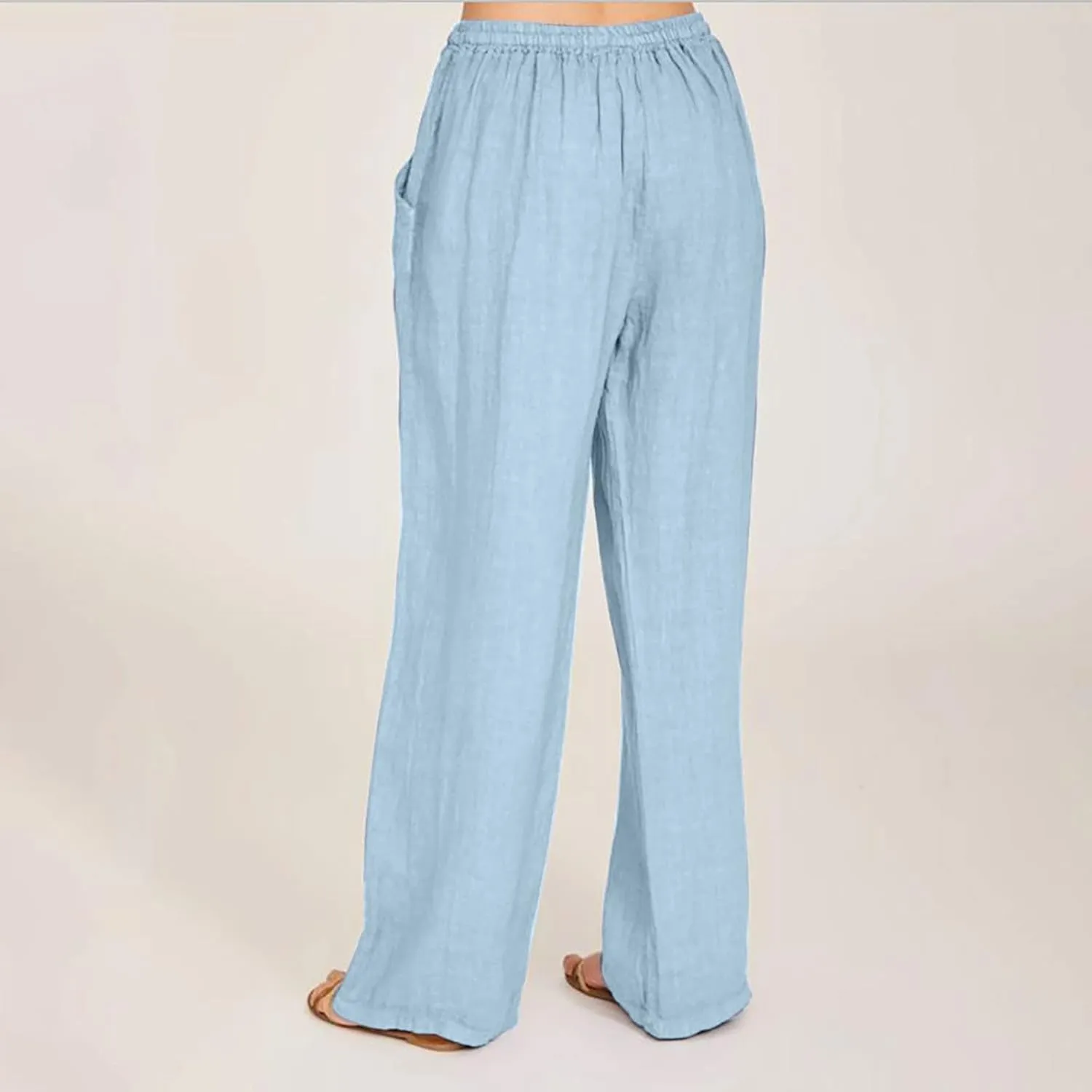 Women's Cotton Linen Palazzo Pants Drawstring Wide Leg Trousers High Waist Lightweight Pant Beach Vacation Clothes