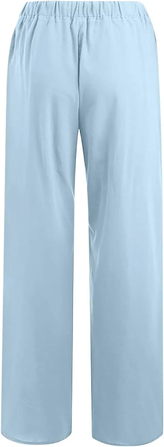 Women's Cotton Linen Palazzo Pants Drawstring Wide Leg Trousers High Waist Lightweight Pant Beach Vacation Clothes