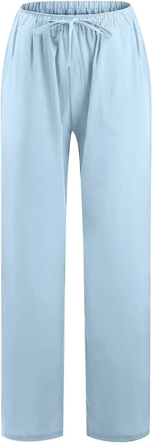Women's Cotton Linen Palazzo Pants Drawstring Wide Leg Trousers High Waist Lightweight Pant Beach Vacation Clothes