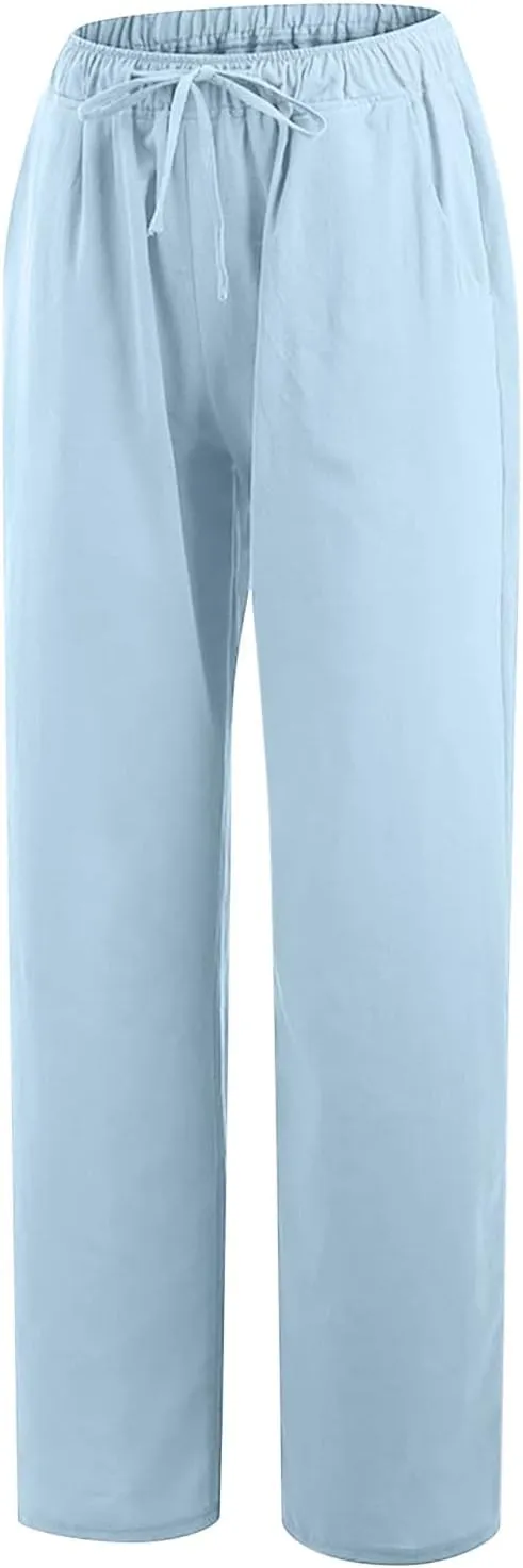 Women's Cotton Linen Palazzo Pants Drawstring Wide Leg Trousers High Waist Lightweight Pant Beach Vacation Clothes