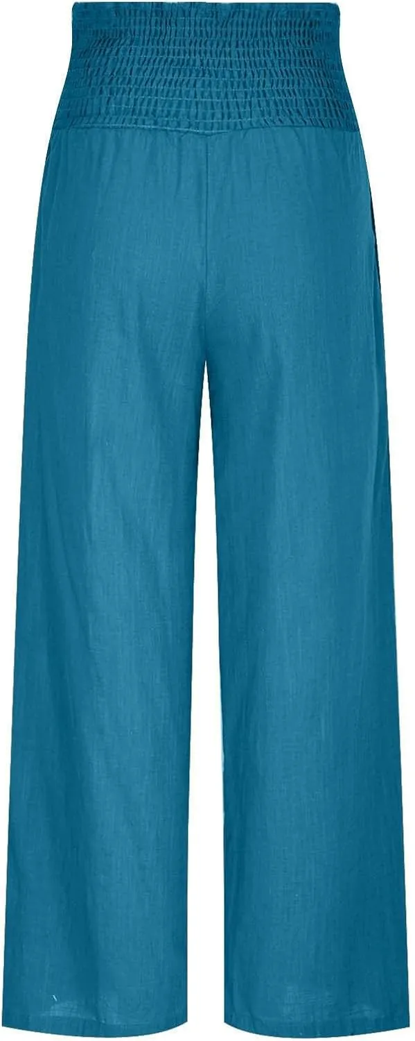 Womens Cotton Linen Palazzo Pants Loose Elastic High Waist Trousers Wide Leg Beach Pant Solid Vacation Casual Outfits