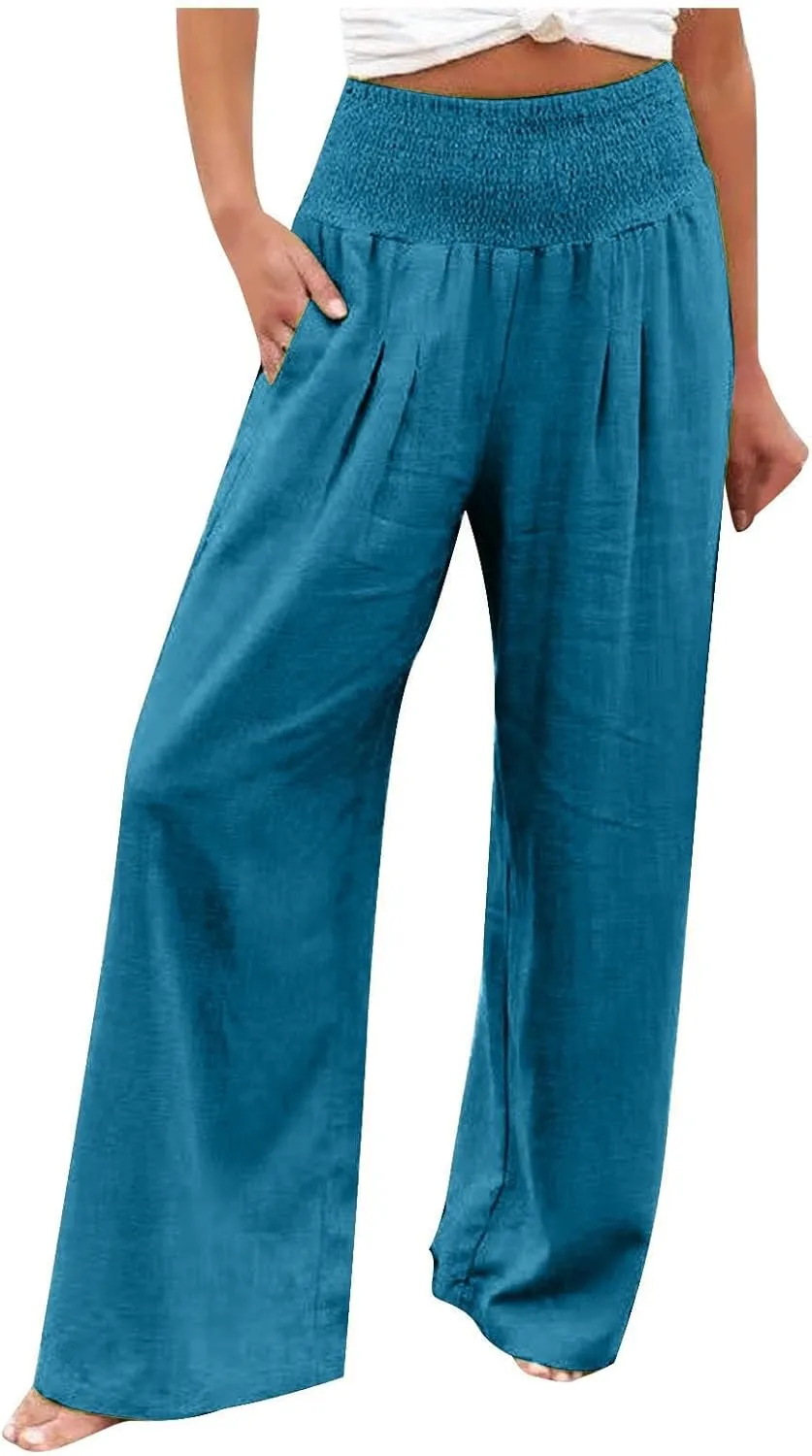 Womens Cotton Linen Palazzo Pants Loose Elastic High Waist Trousers Wide Leg Beach Pant Solid Vacation Casual Outfits