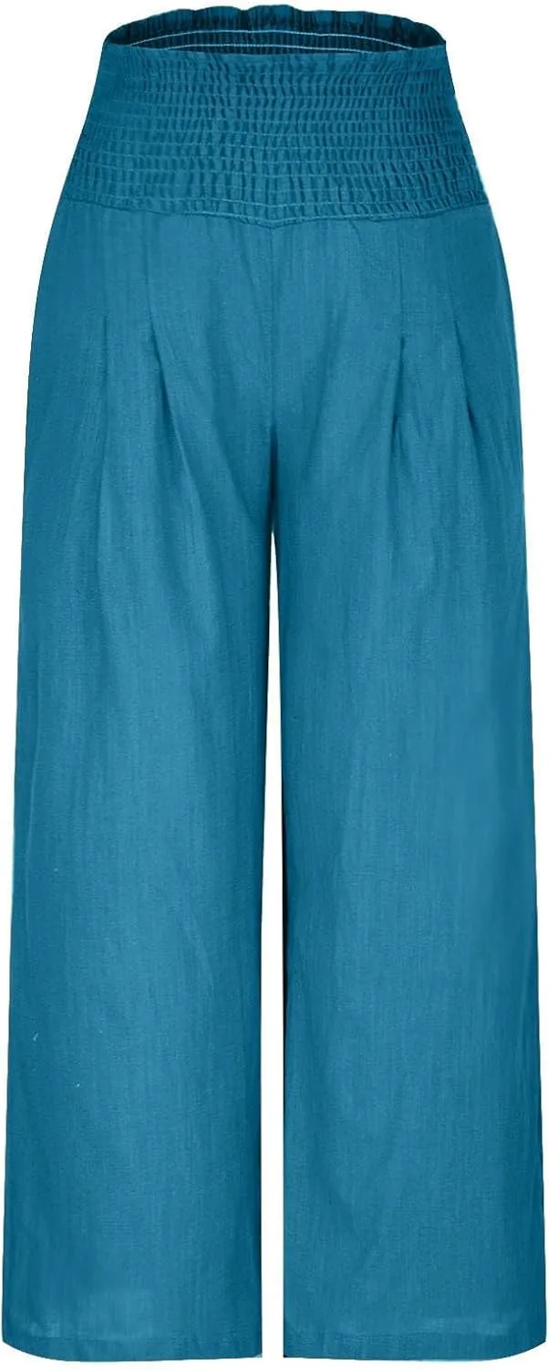 Womens Cotton Linen Palazzo Pants Loose Elastic High Waist Trousers Wide Leg Beach Pant Solid Vacation Casual Outfits