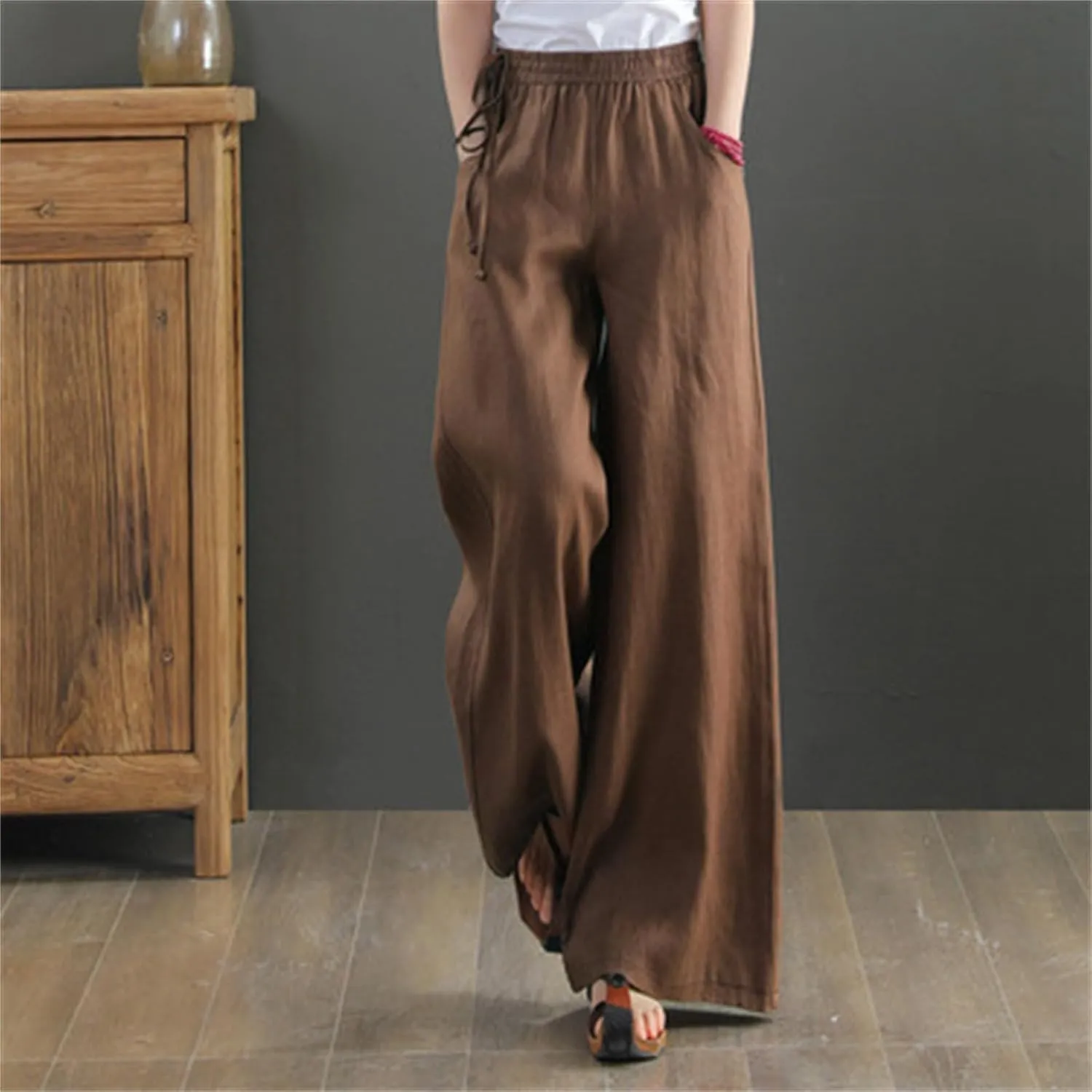 Womens Cotton Linen Palazzo Pants Summer Lightweight Elastic Waist Casual Wide Leg Trousers with Pockets