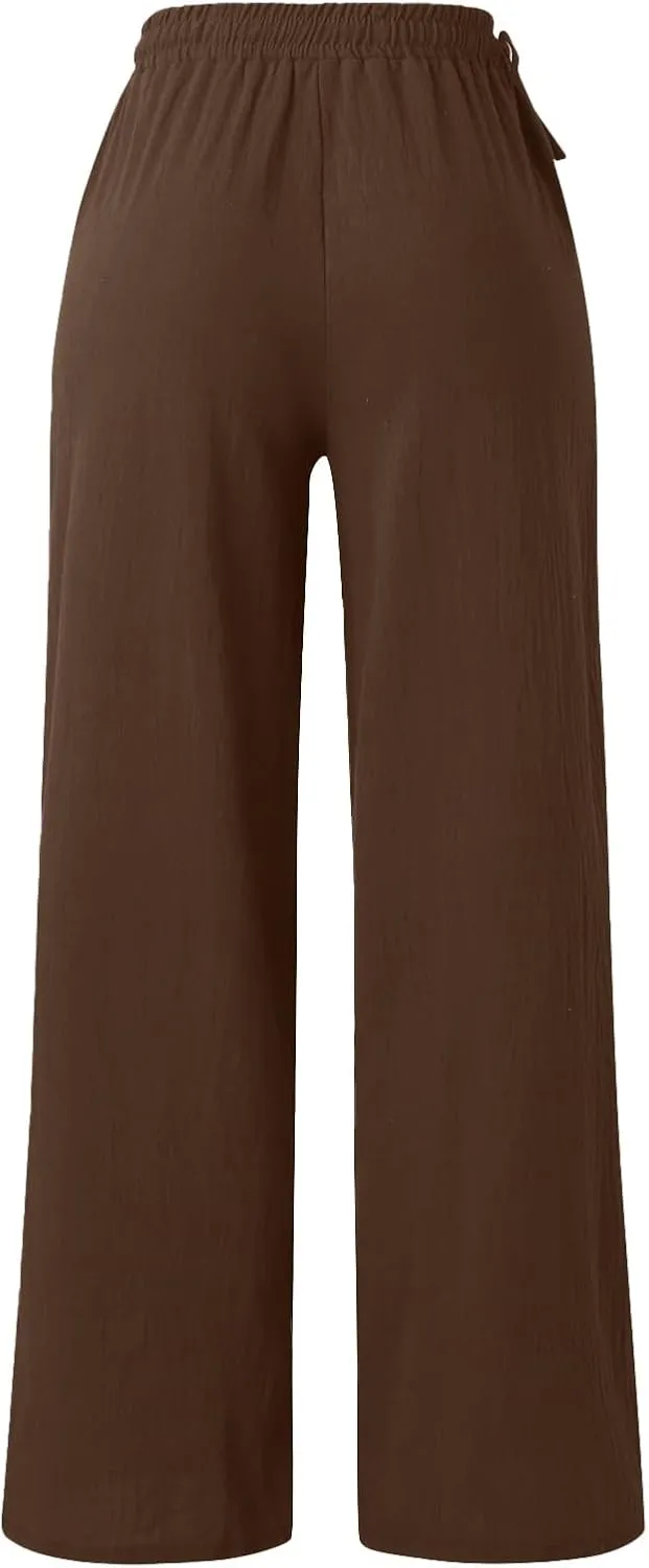 Womens Cotton Linen Palazzo Pants Summer Lightweight Elastic Waist Casual Wide Leg Trousers with Pockets