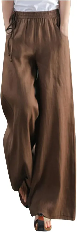 Womens Cotton Linen Palazzo Pants Summer Lightweight Elastic Waist Casual Wide Leg Trousers with Pockets