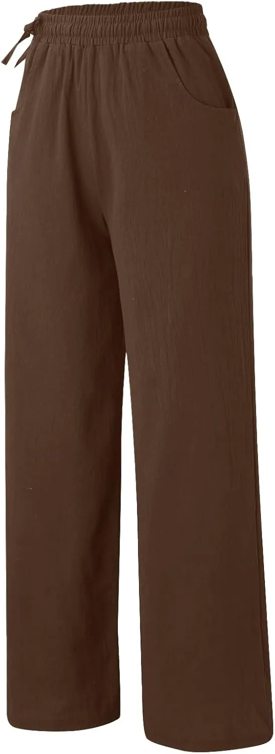 Womens Cotton Linen Palazzo Pants Summer Lightweight Elastic Waist Casual Wide Leg Trousers with Pockets