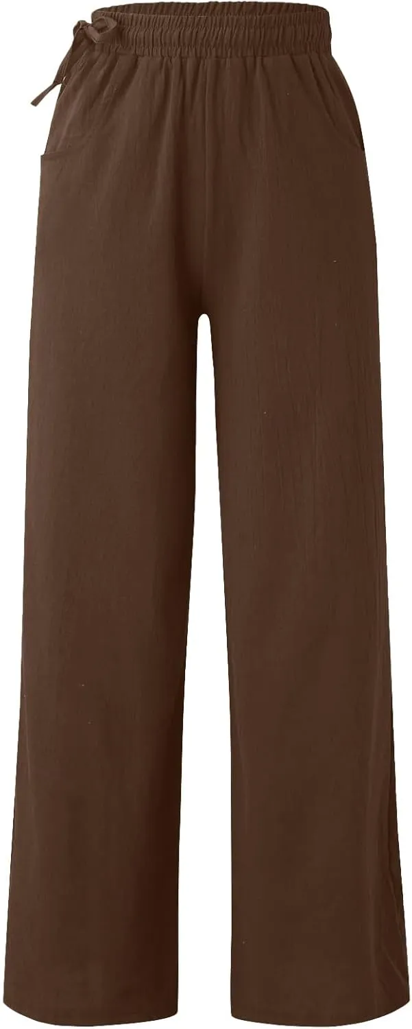 Womens Cotton Linen Palazzo Pants Summer Lightweight Elastic Waist Casual Wide Leg Trousers with Pockets