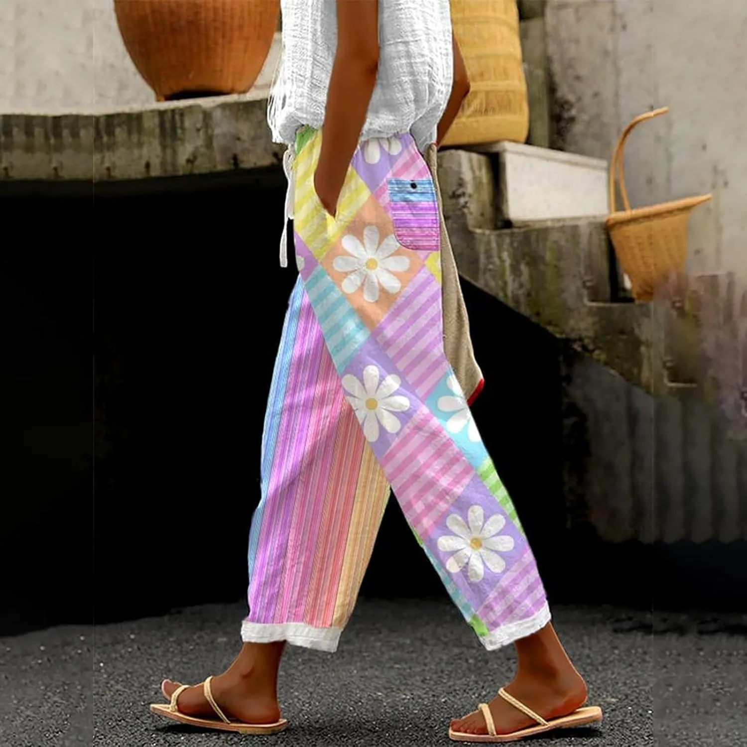 Women's Cotton Linen Pants Cute Boho Floral Print Elastic Waisted Drawstring Summer Beach Baggy Capri with Pockets