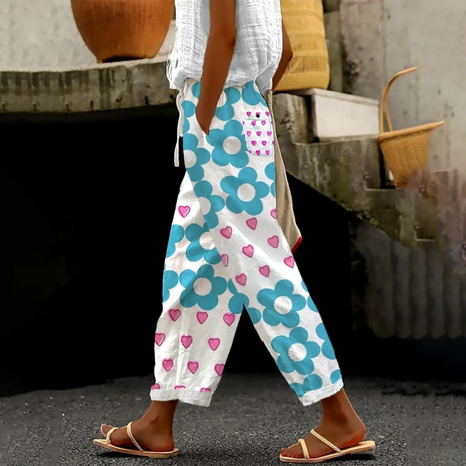 Women's Cotton Linen Pants Cute Boho Floral Print Elastic Waisted Drawstring Summer Beach Baggy Capri with Pockets