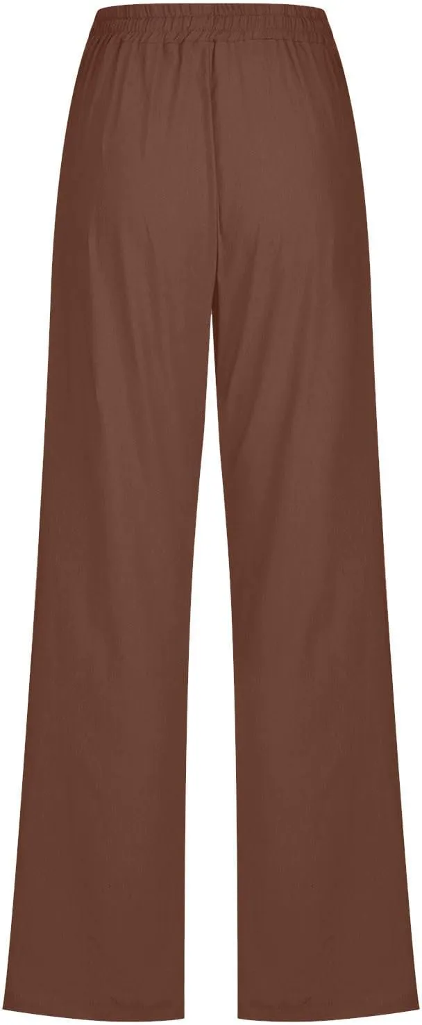 Womens Cotton Linen Pants Drawstring High Waist Pants Relax Fit Casual Pants 2025 Summer Beach Trousers with Pockets
