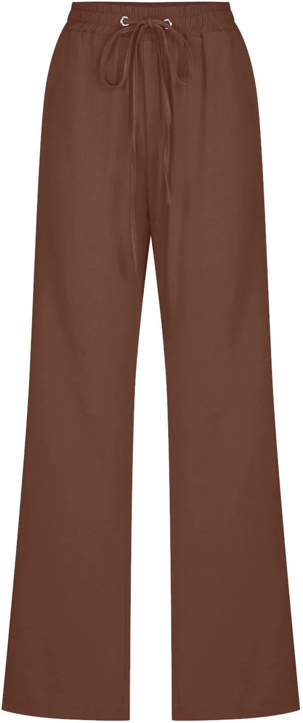 Womens Cotton Linen Pants Drawstring High Waist Pants Relax Fit Casual Pants 2025 Summer Beach Trousers with Pockets