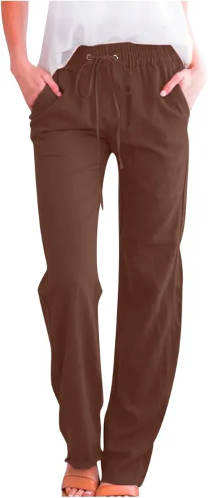 Womens Cotton Linen Pants Drawstring High Waist Pants Relax Fit Casual Pants 2025 Summer Beach Trousers with Pockets