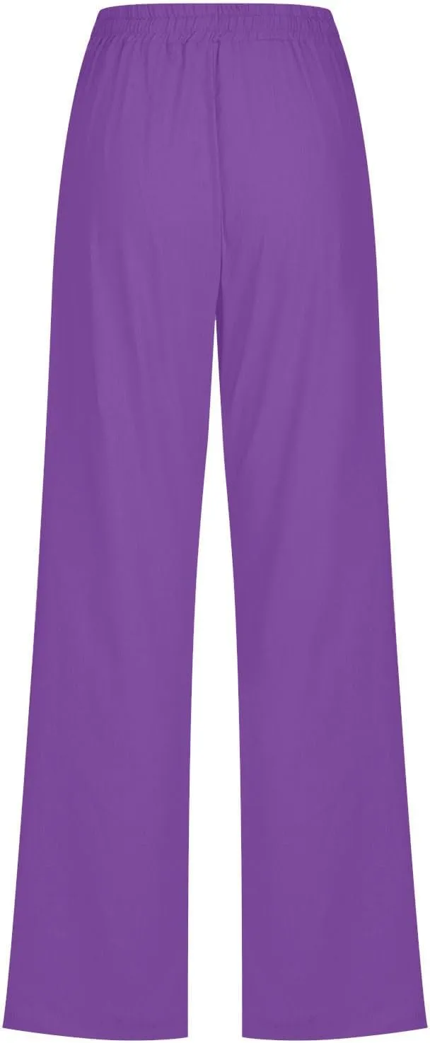 Womens Cotton Linen Pants Drawstring High Waist Pants Relax Fit Casual Pants 2025 Summer Beach Trousers with Pockets