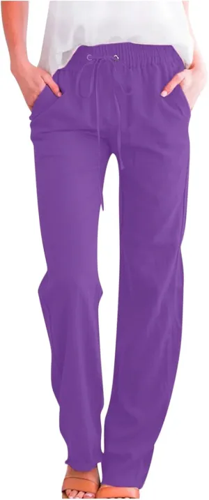 Womens Cotton Linen Pants Drawstring High Waist Pants Relax Fit Casual Pants 2025 Summer Beach Trousers with Pockets
