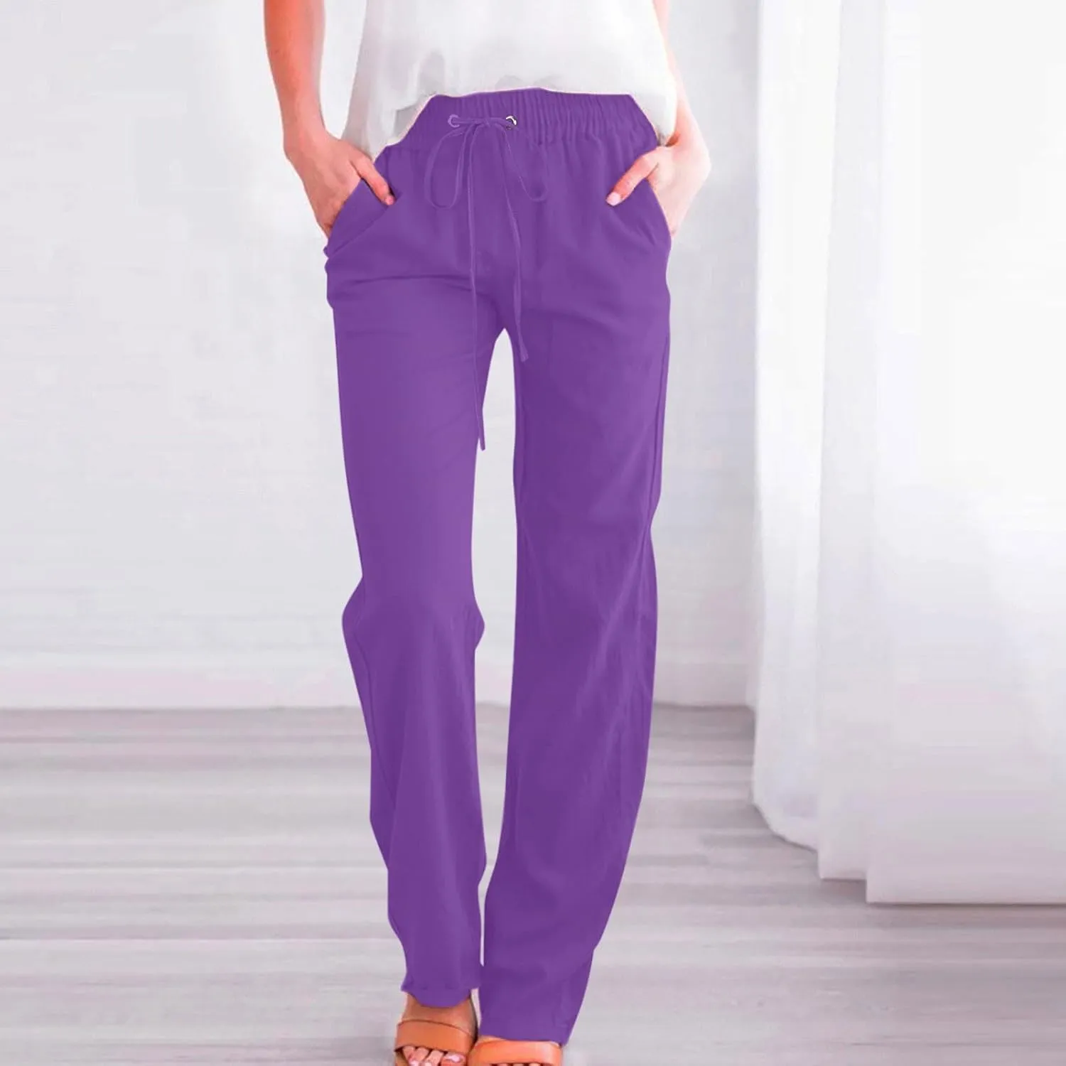Womens Cotton Linen Pants Drawstring High Waist Pants Relax Fit Casual Pants 2025 Summer Beach Trousers with Pockets