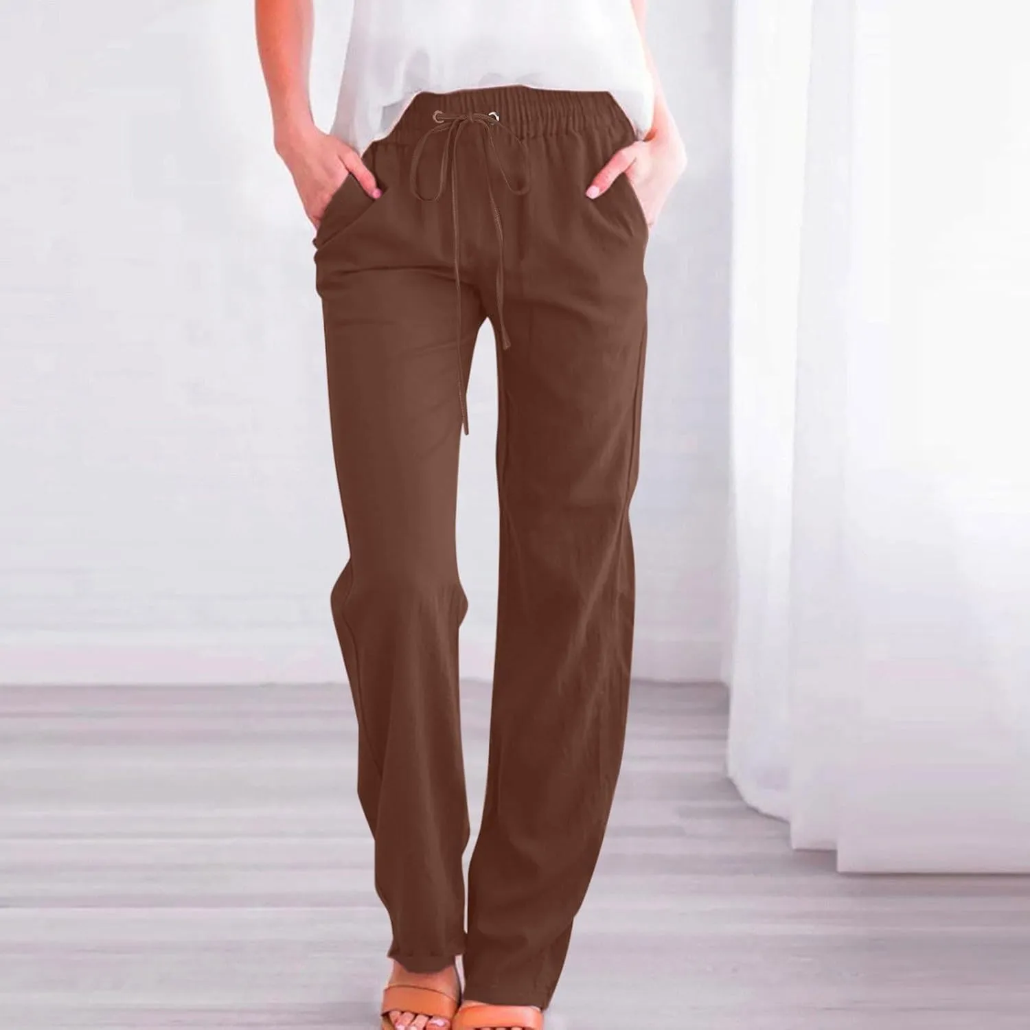 Womens Cotton Linen Pants Drawstring High Waist Pants Relax Fit Casual Pants 2025 Summer Beach Trousers with Pockets