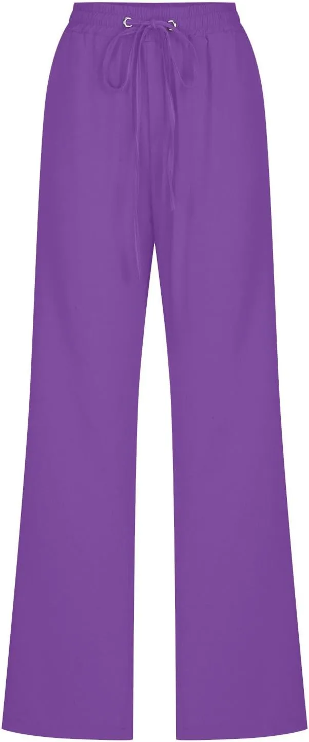 Womens Cotton Linen Pants Drawstring High Waist Pants Relax Fit Casual Pants 2025 Summer Beach Trousers with Pockets