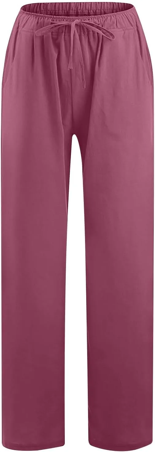 Women's Cotton Linen Pants High Waisted Wide Leg Pants Summer Casual Loose Fit Long Lounge Trousers with Pockets