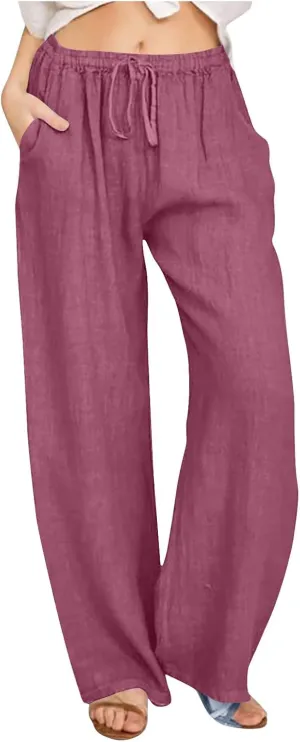 Women's Cotton Linen Pants High Waisted Wide Leg Pants Summer Casual Loose Fit Long Lounge Trousers with Pockets